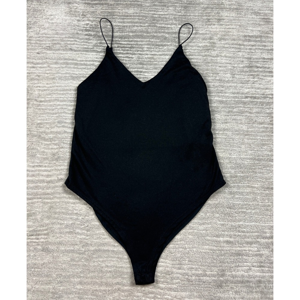 Gaze Bodysuit Women Small Black V-Neck Spaghetti Strap Thong Minimalist Slim Fit